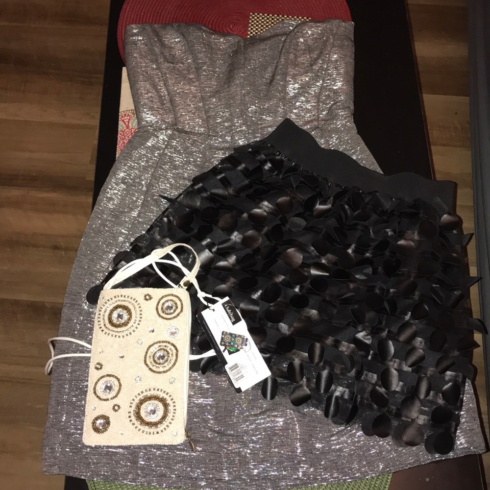 3 items strapless dress skirt an mini purse